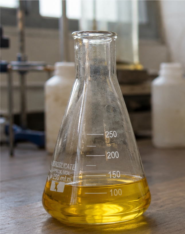 Biodiesel B100 — yellow fuel in flask